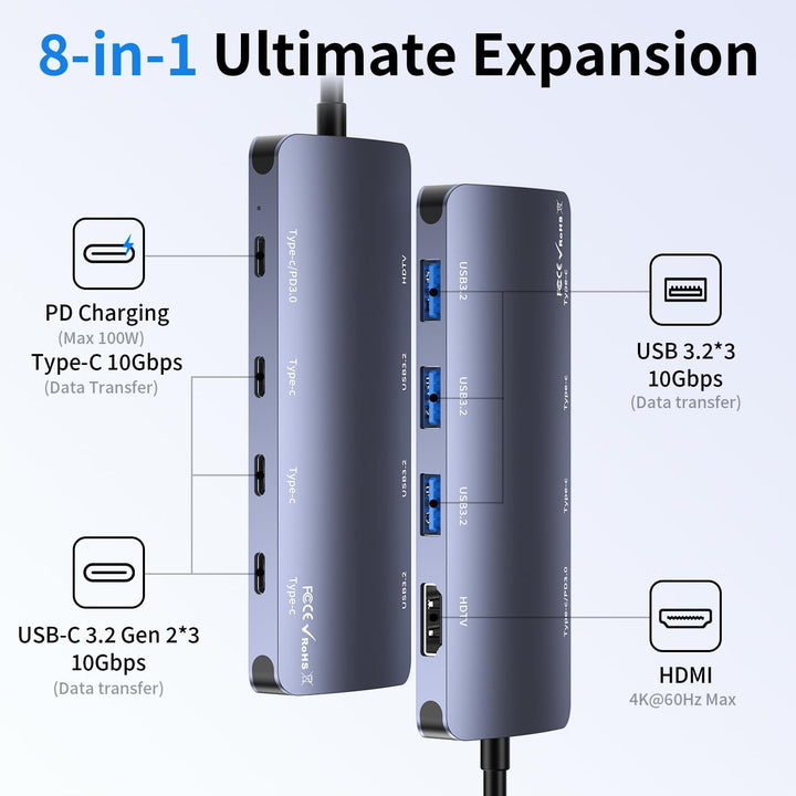 8-in-1 USB-C Hub mit HDMI 4K@60H, 4 USB-C+3 USB-A 3.2 10 Gbit/s,100W PD