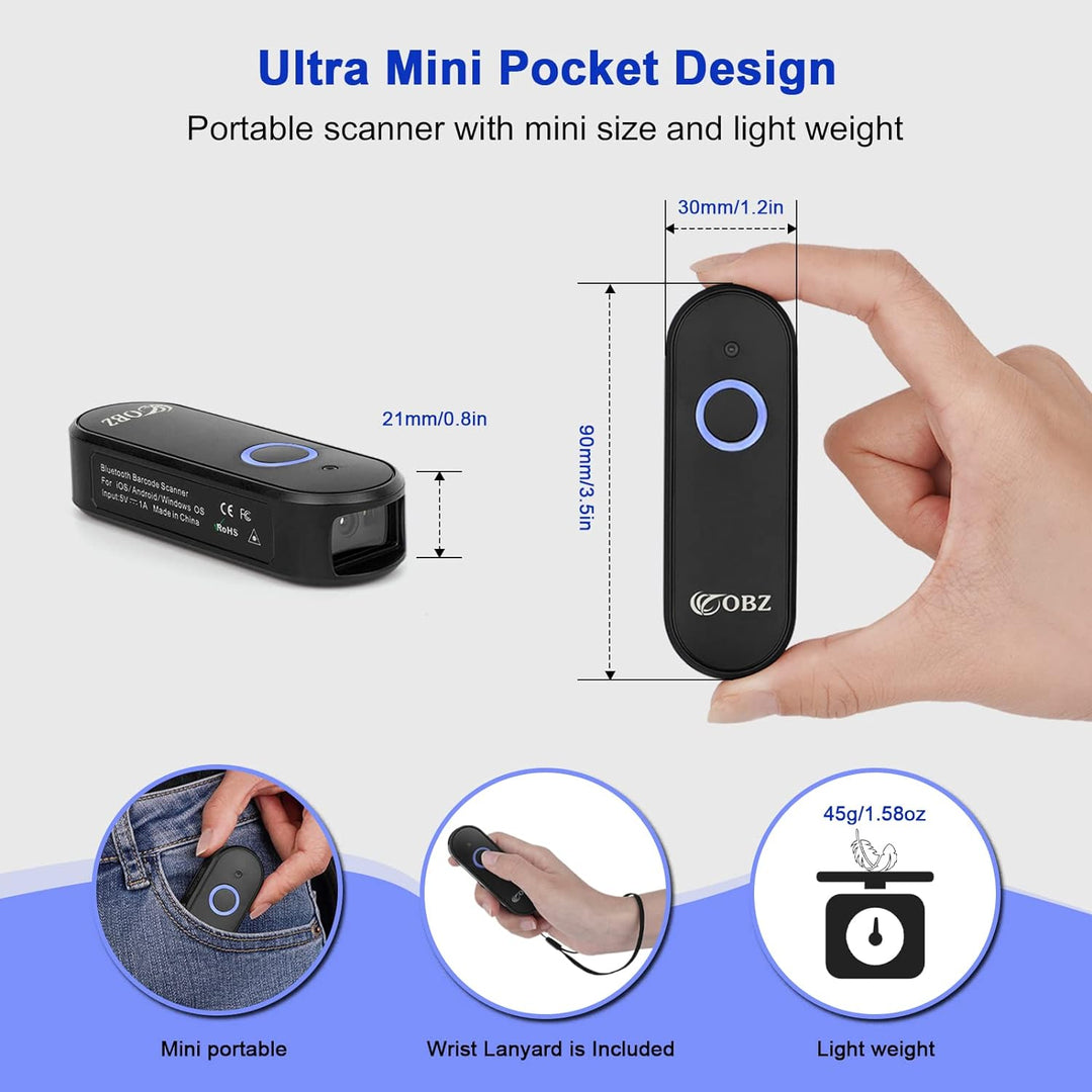 OBZ Mini 2D Barcode Scanner Bluetooth, Barcode Scanner Kabellos 3 in 1 USB & Bluetooth & 2.4G Wirele