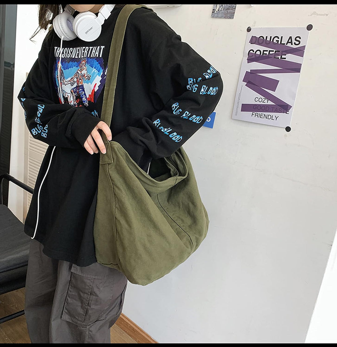 Canvas Messenger Bag Large Crossbody Bag Handbag Solid Color with Multiple Pockets Canvas Shoulder T