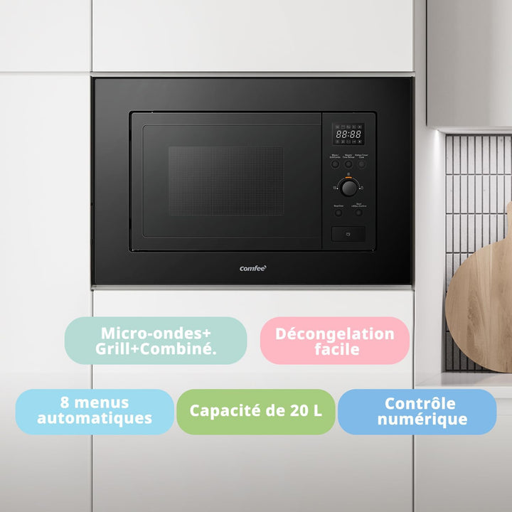 COMFEE' Digitaler Einbau-Mikrowelle, 20 Liter, 800 W, Grill, 5 Leistungsstufen, 8 automatische Menüs