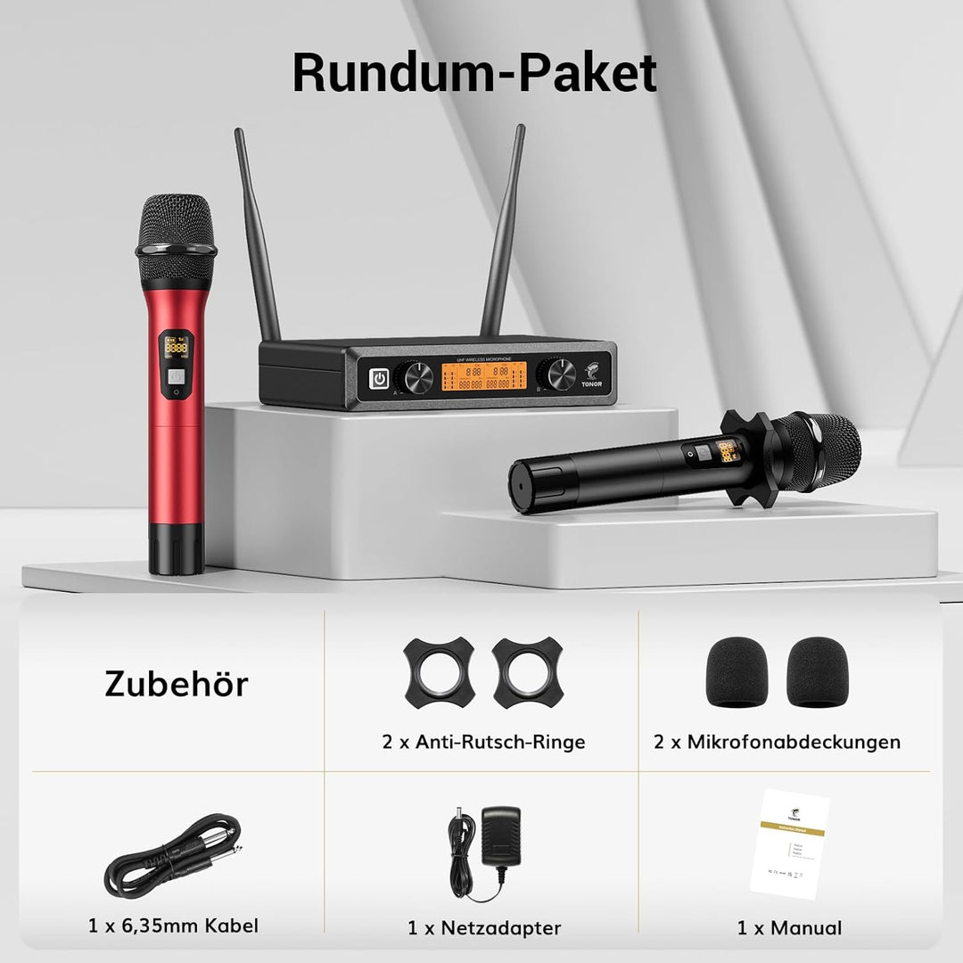 TONOR Wireless Funkmikrofon UHF Professionelles dynamisches drahtloses Dual Mikrofon, Handmikrofonsy