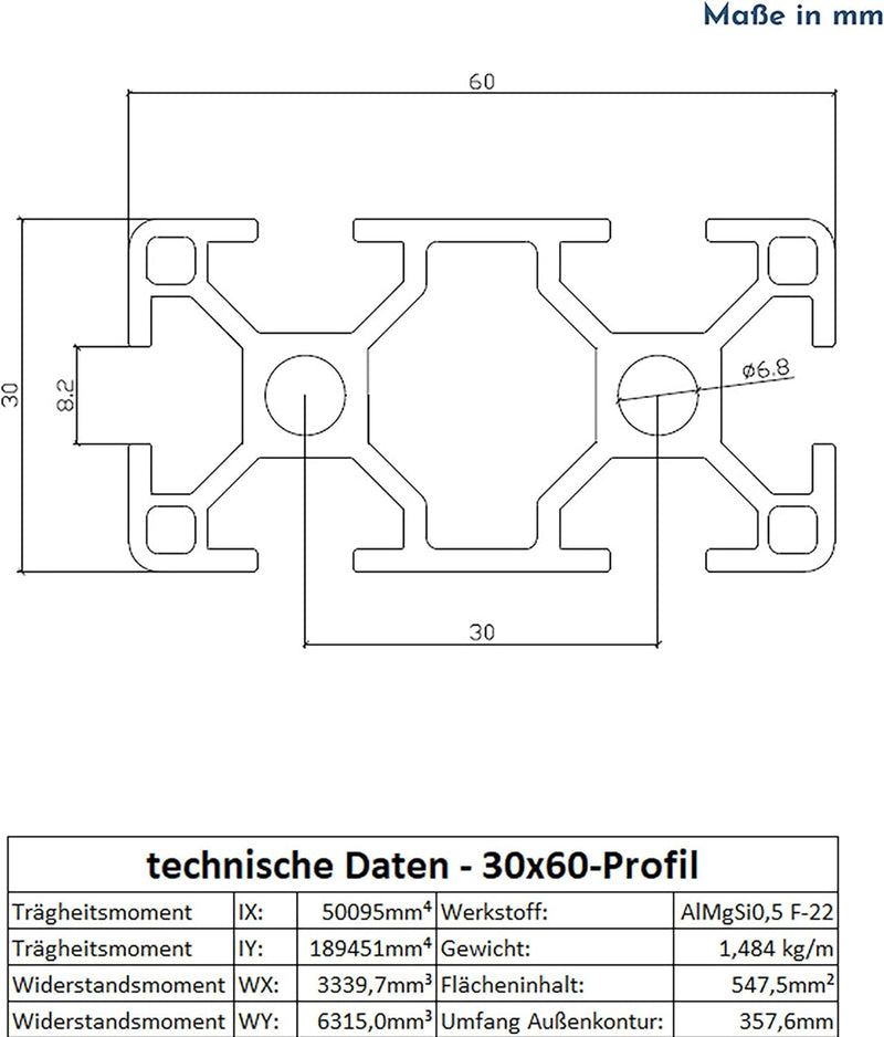 Alu Profil 30x60mm System-, Montage-, Konstruktionsprofil Nut 8 1300mm, 1300