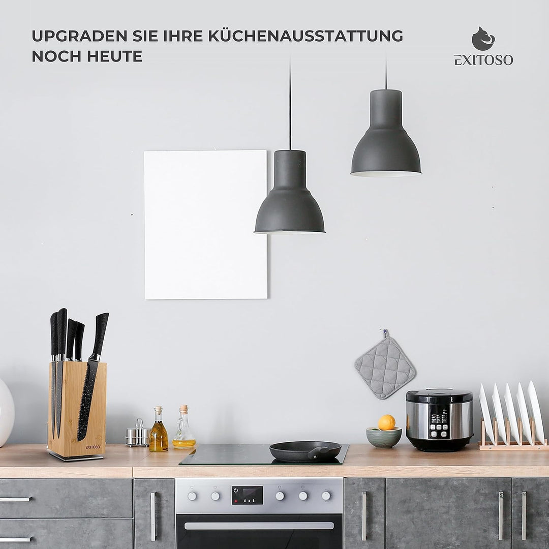 Exitoso NEU Messerblock aus Bambus, 360-Grad-Drehbar mit aussen Magneten & herausnehmbaren Borstenei