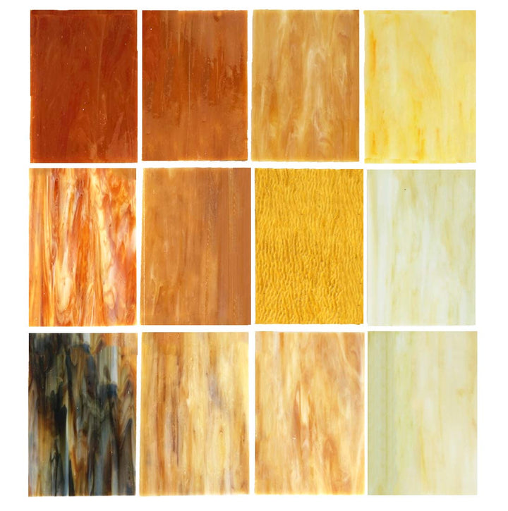 Lanyani Buntglasplatten, 10,2 x 15,2 cm, Tiffany-Glas, gemischte Texturen, 10 Blatt Bernstein, Berns