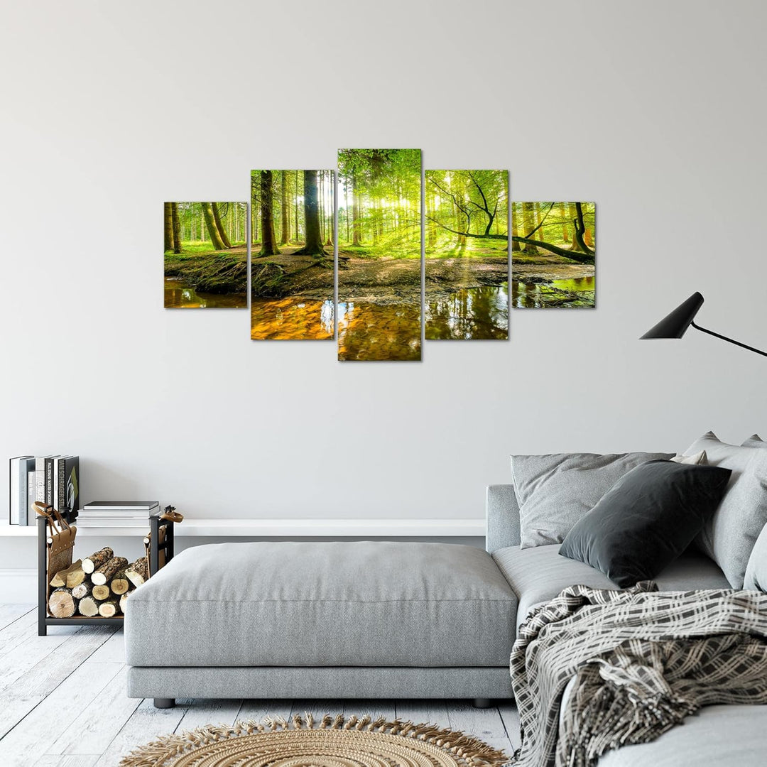 Runa Art Bild Schlafzimmer Wohnzimmer Wald Landschaft 5 Teilig Natur Grün Wandbilder auf Vlies Leinw
