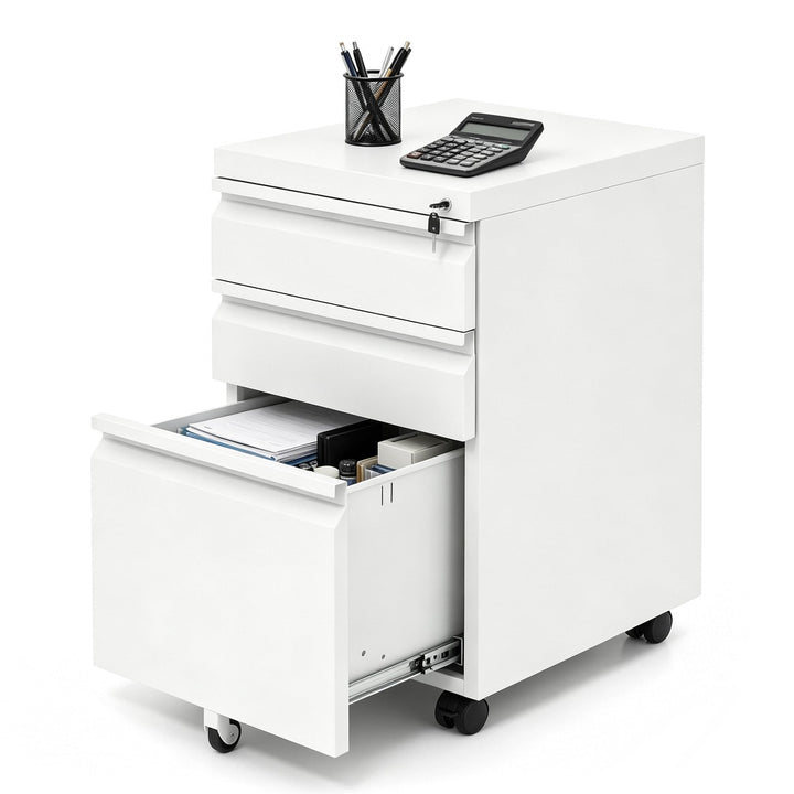 GIANTEX Mobiles Rollcontainer mit 3 Schubladen, Metallaktenschrank mit 5 Rollen und Schloss, stabile