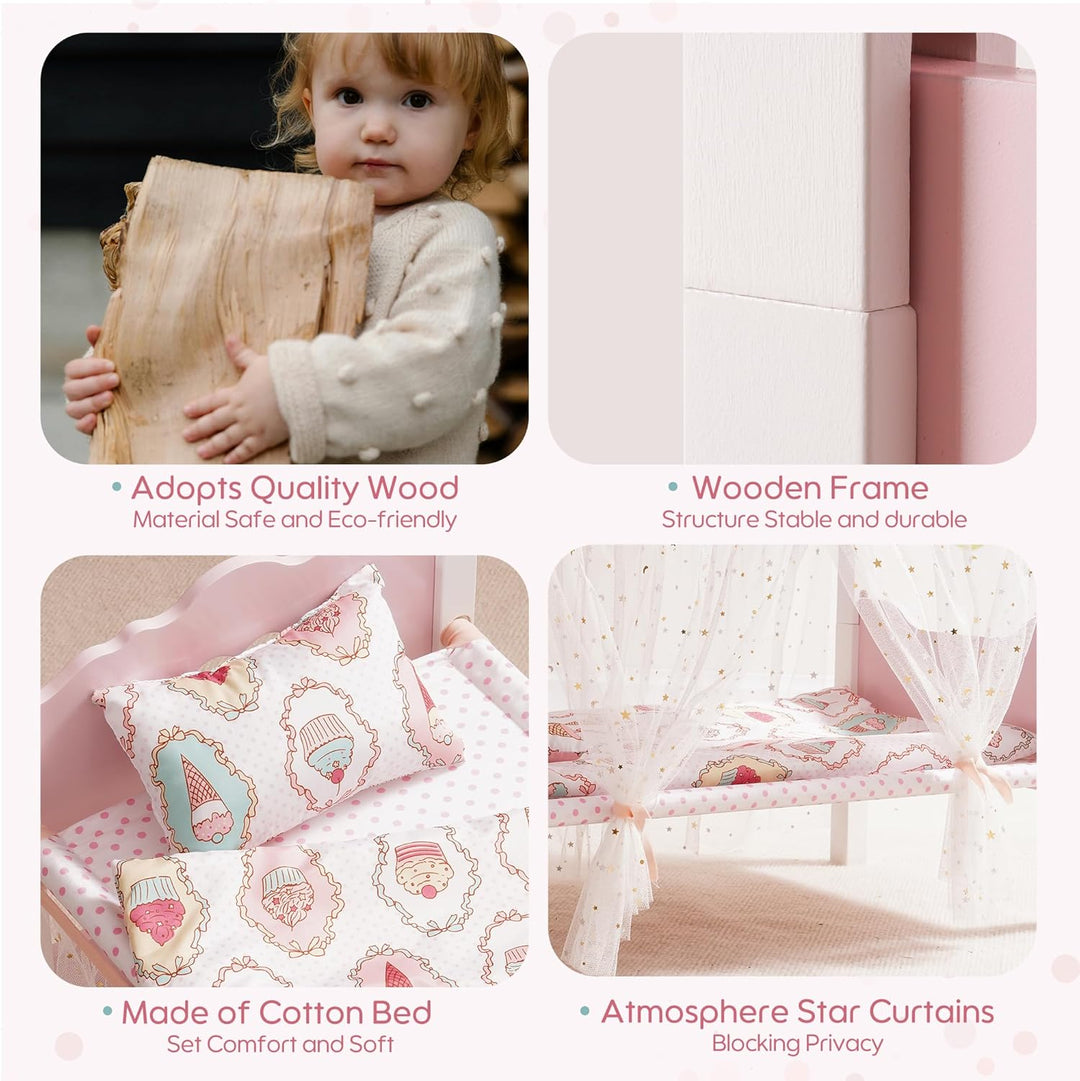 ROBUD Holzpuppen-Etagenbett, 2-in-1-Convertible Puppenbett mit Bettwäsche, Baldachin Vorhänge &amp; Herz