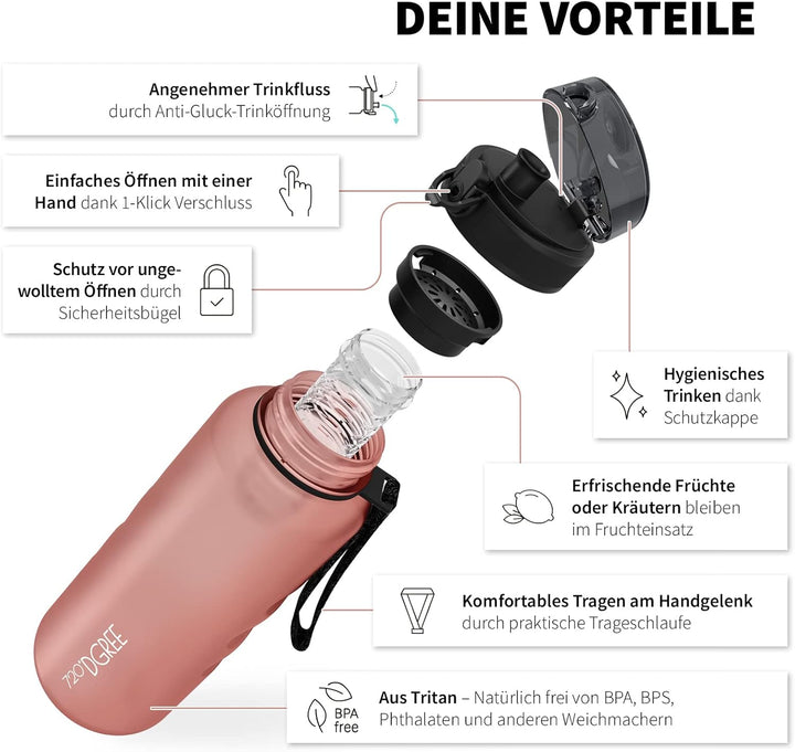 720°DGREE Trinkflasche “uberBottle“ 350ml, 500ml, 650ml, 1l softTouch +Früchtebehälter - Auslaufsich