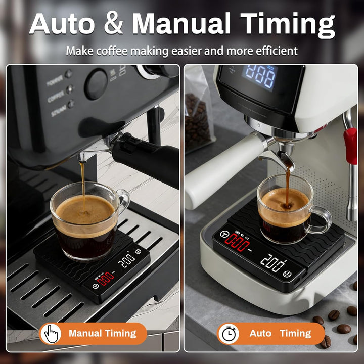 Kaffee Waage mit Timer, Espresso Waage 2kg/0,1g Präzisionswaage, Wiederaufladbare Küchenwaage mit LE