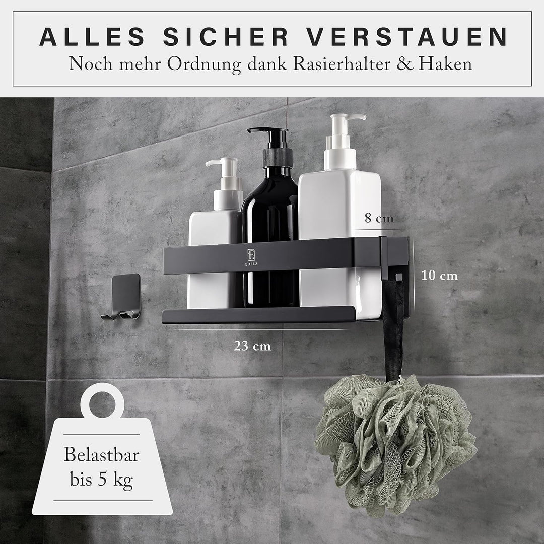 EDELZ® Bad Duschablage Duschkorb ohne Bohren – Shampoo Halterung für Dusche zum Kleben aus rostfreie