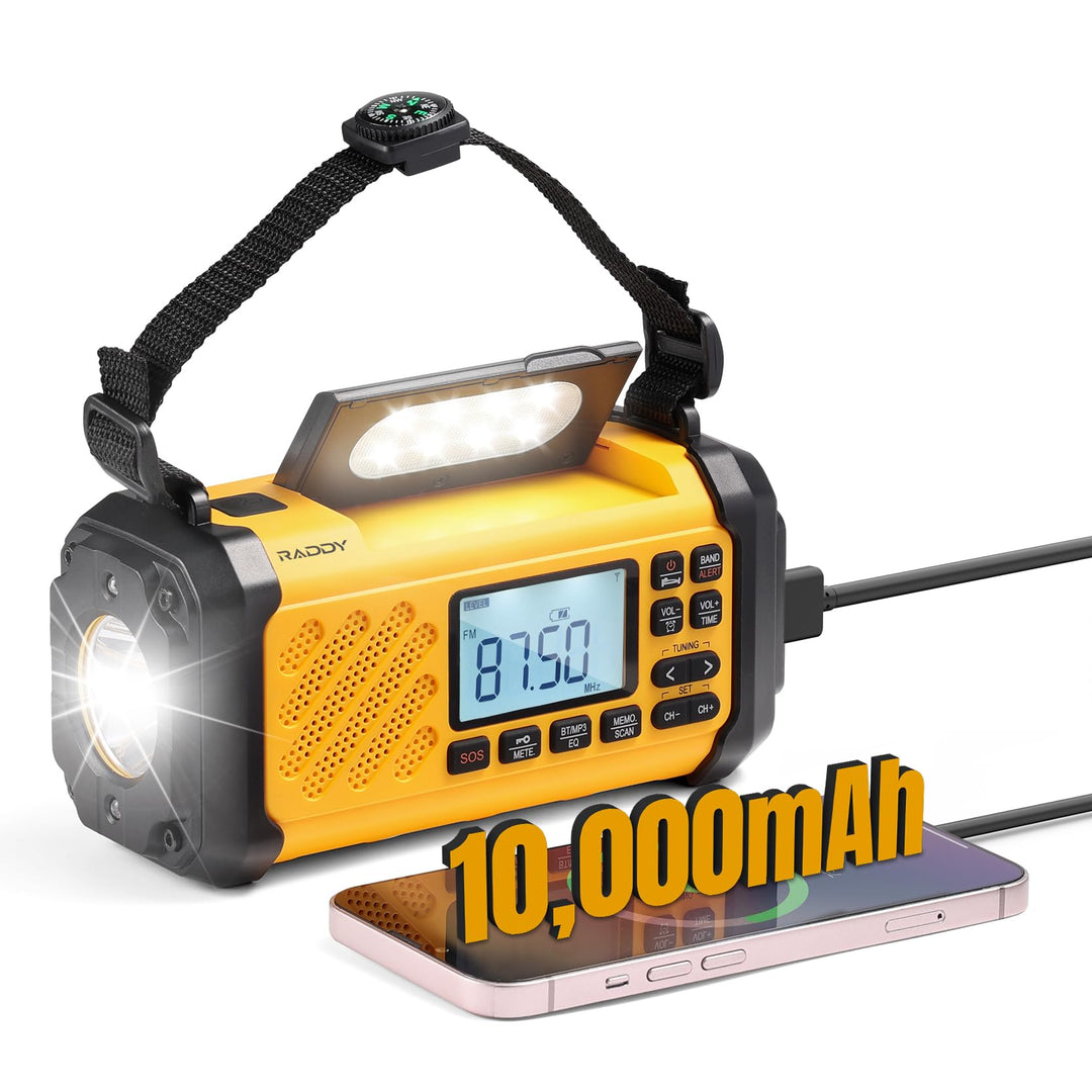 [10,000mAh Akku] Raddy SH-906 Notfallradio, tragbares Solar-Handkurbelradio mit AM/FM/SW/VHF, Tasche