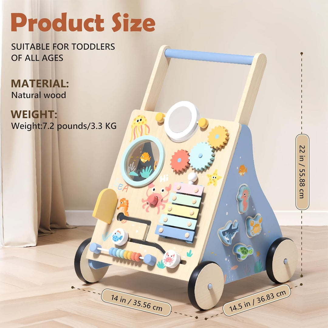 Lauflernwagen Holz, Ozean Baby Lauflernhilfe mit Multifunktional Montessori Spielzeug, Holzspielzeug