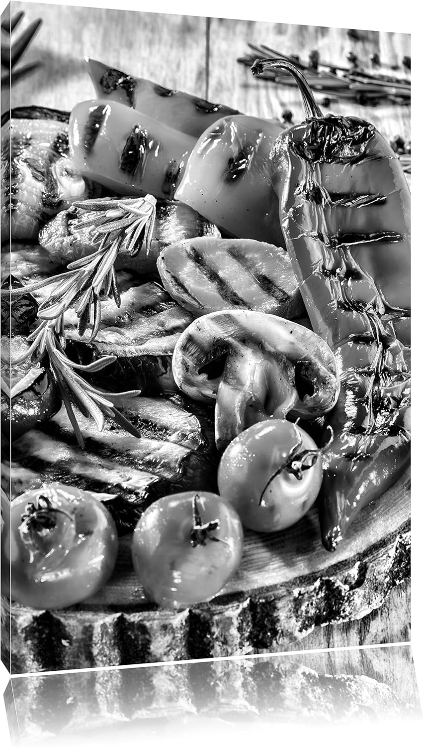 Pixxprint Grillplatte auf Baumstammteller / 100x70cm Leinwandbild bespannt auf Holzrahmen/Wandbild K