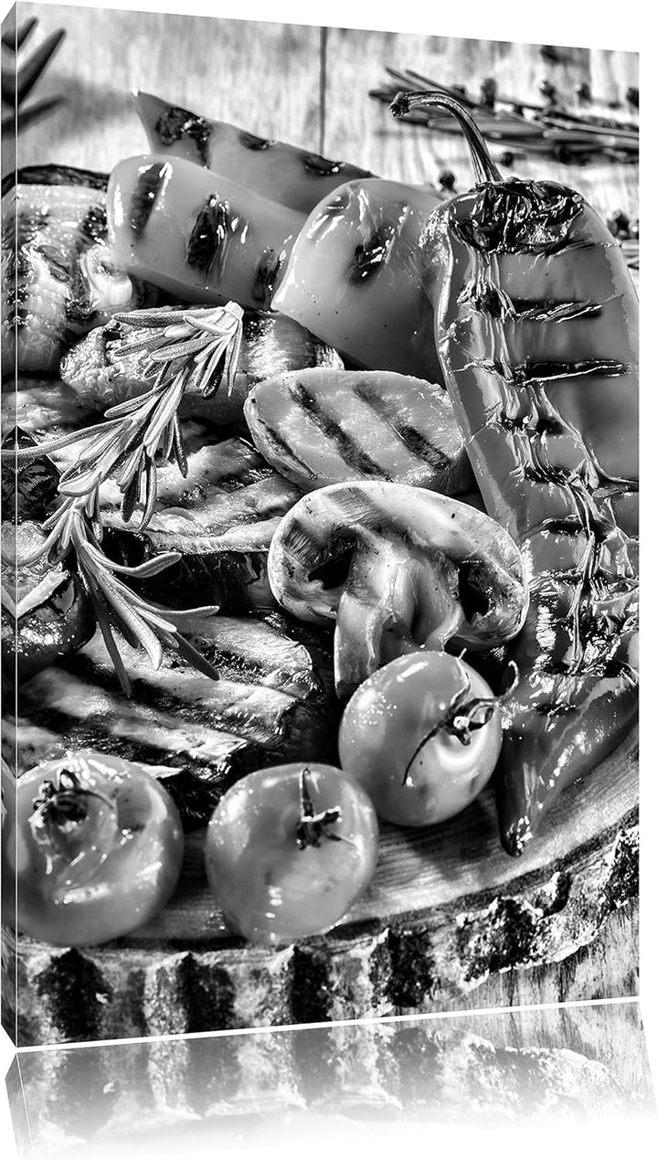 Pixxprint Grillplatte auf Baumstammteller / 100x70cm Leinwandbild bespannt auf Holzrahmen/Wandbild K