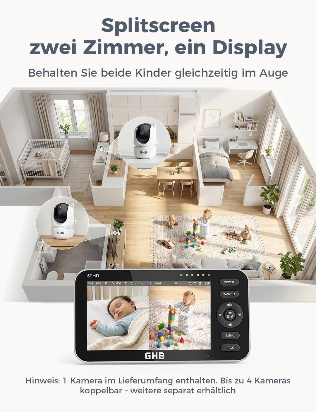 GHB Babyphone mit Kamera 5 Zoll LCD Display Babyphone Kamera VOX-Modus Gegensprechen Nachtsicht Temp