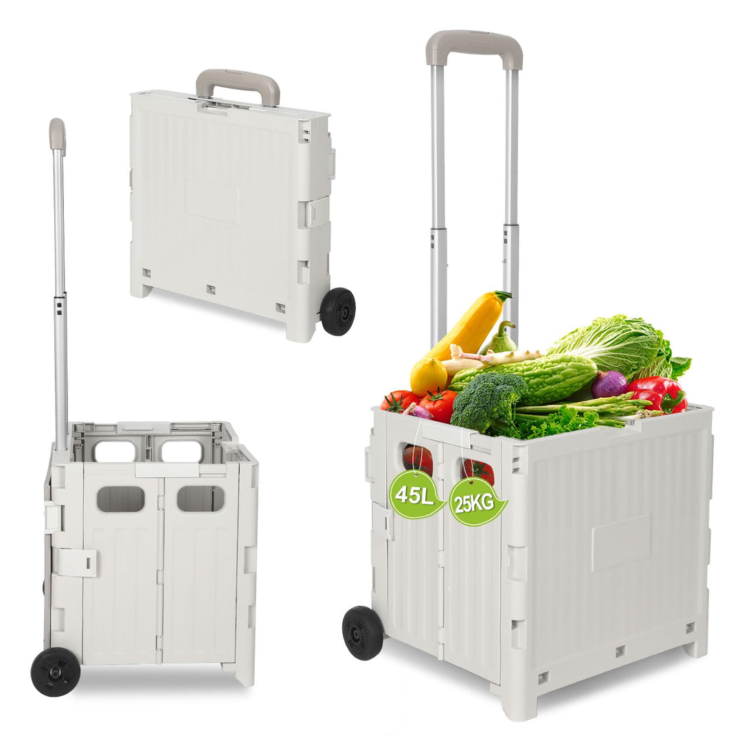 Einkaufstrolley Klappbar, mit neigbarer Teleskopgriff & Deckel, 2 x Rollen, bis 35 kg, 45 Liter Kist