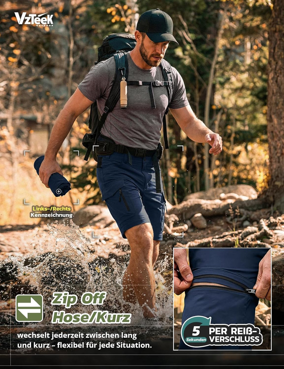 Vzteek Herren Wanderhose Zip Off Trekkinghose Outdoorhose Sommer Softshell Stretch Hose Kurz für Wan
