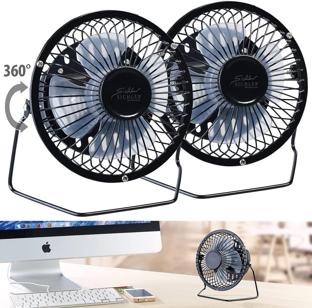 Sichler Haushaltsgeräte Ventilator klein: 2er-Set Mini-Akku-Tischventilatoren, Vollmetall, 360° neig