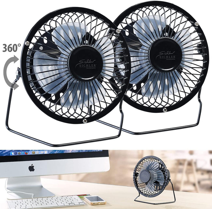 Sichler Haushaltsgeräte Ventilator klein: 2er-Set Mini-Akku-Tischventilatoren, Vollmetall, 360° neig