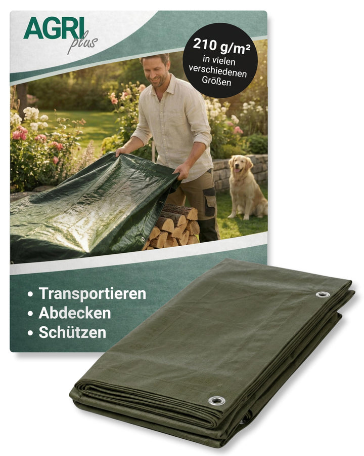 AGRI plus Holzabdeckplane 1,5 x 10 m - mit Ösen I Stabile 210 g/m² PE-Gewebeplane mit ringsum Randve