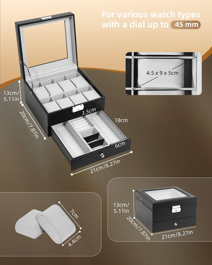 Uten Uhrenbox, 8 Fächern und 1 Schublade mit Schlüsselschloss, Glasdeckel, Schwarzes PU, Graues Samt