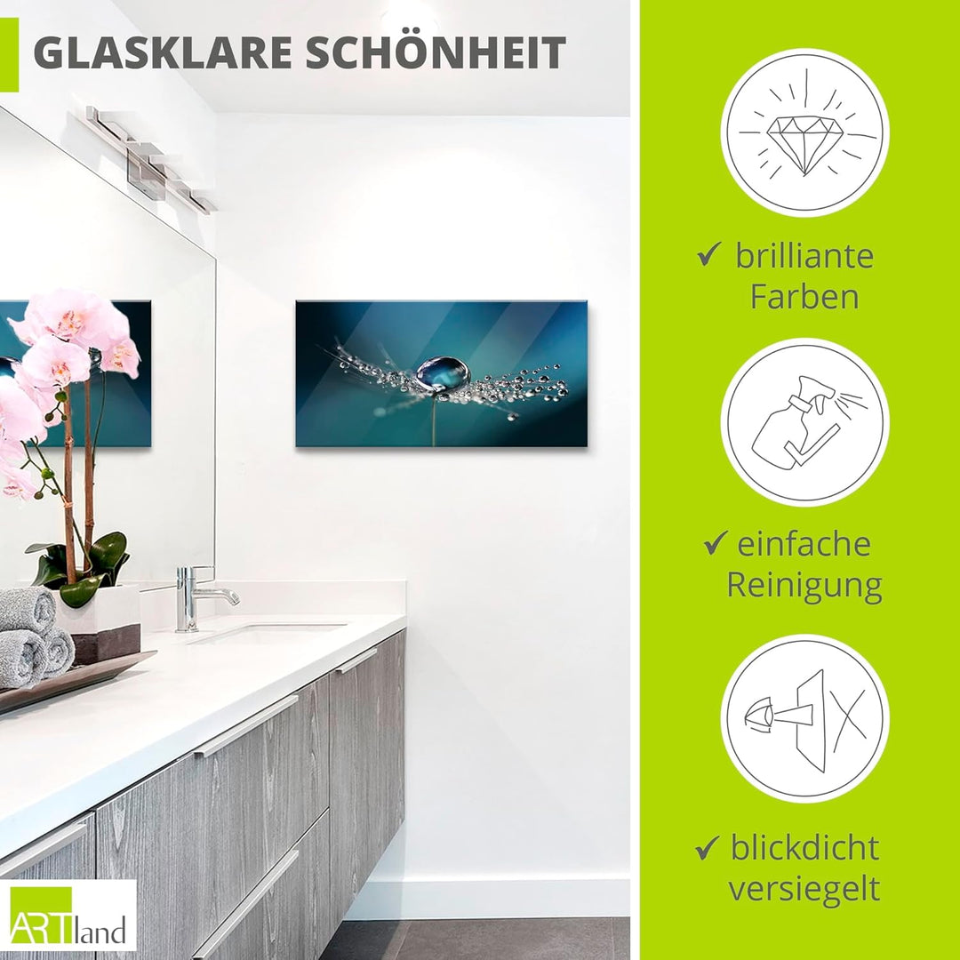 ARTland Glasbilder Wandbild Glas Bild einteilig 100x50 cm Querformat Blumen Pusteblume Wassertropfen