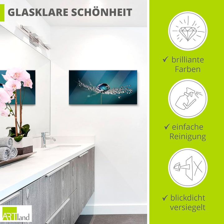 ARTland Glasbilder Wandbild Glas Bild einteilig 100x50 cm Querformat Blumen Pusteblume Wassertropfen