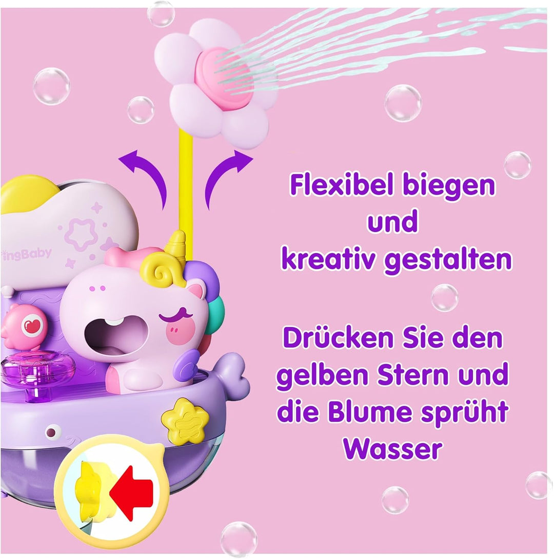 Schaum-Einhorn mit Babydusche, Badespielzeug mit Seifenblasen, Badewannenspielzeug, Baby Wasserspiel