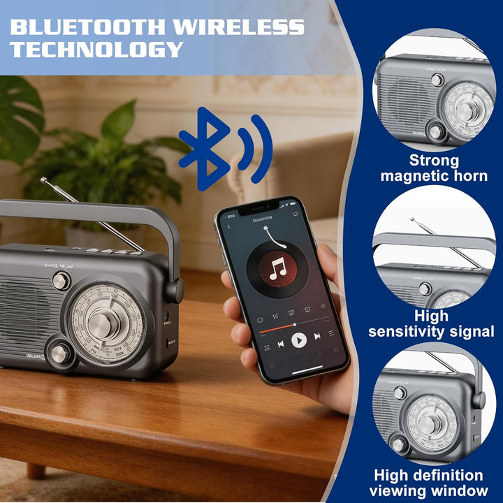 Tragbares Radio mit Bluetooth, AM,FM Kofferradio, Strom & Batteriebetrieb, Eingebautem Lautsprecher
