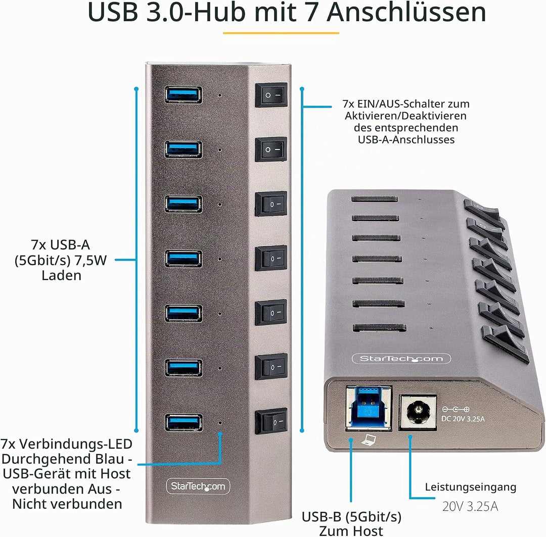 StarTech.com 7-Port USB 3.0 Hub Mit Netzteil Und Individuellen EIN/Aus Schaltern, USB-C/A 3.1 Auf 7X