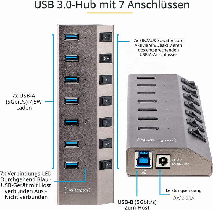 StarTech.com 7-Port USB 3.0 Hub Mit Netzteil Und Individuellen EIN/Aus Schaltern, USB-C/A 3.1 Auf 7X