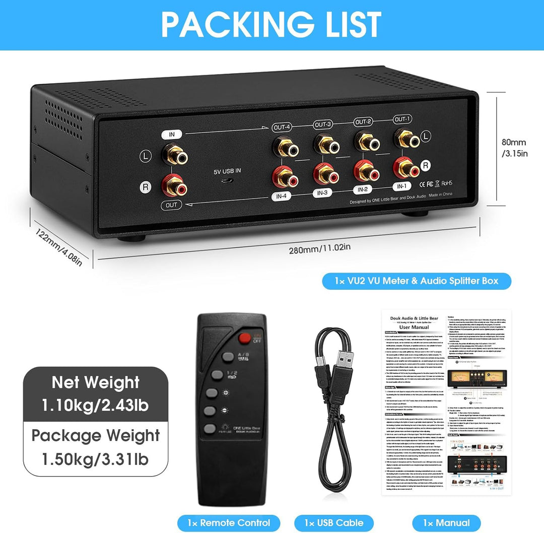 Dual VU-Meter Schallpegelanzeige Sound Level Display Audio Splitter/Switcher Box (Light), Light