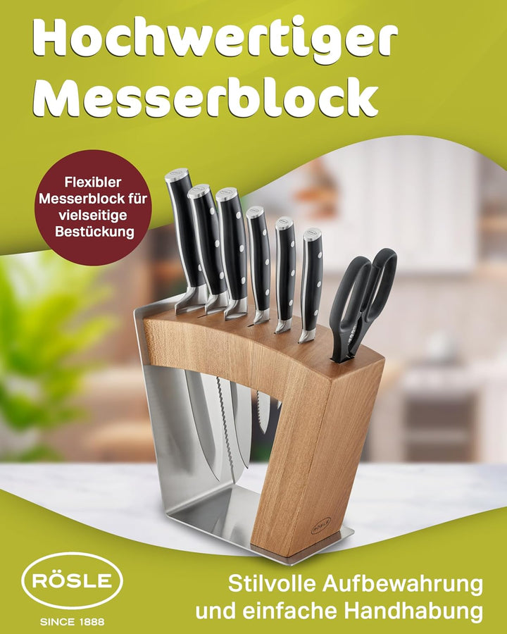 RÖSLE Messerblock MoveX, Hochwertiger Design-Messerblock aus Edelstahl und Ulmenholz, sichtbare Klin