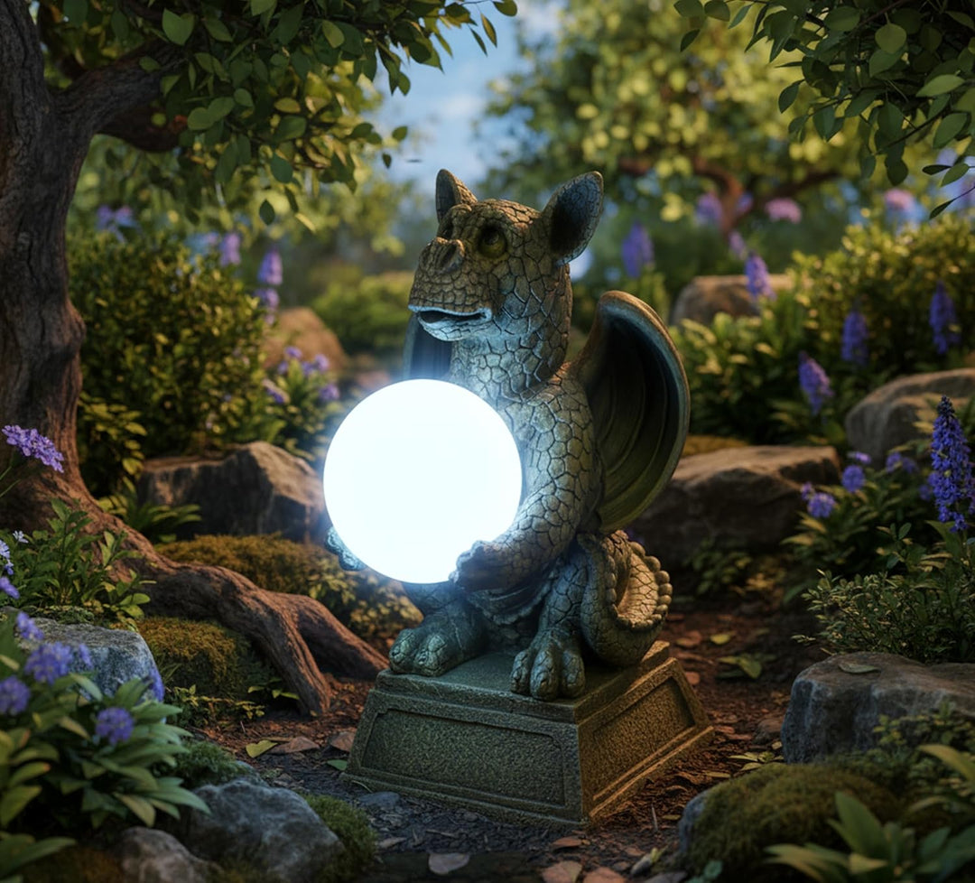 Kremers Schatzkiste Drachenkind mit Solarkugel 30 cm Drache Figur Gartenfigur Solarfigur Dragon Gesc