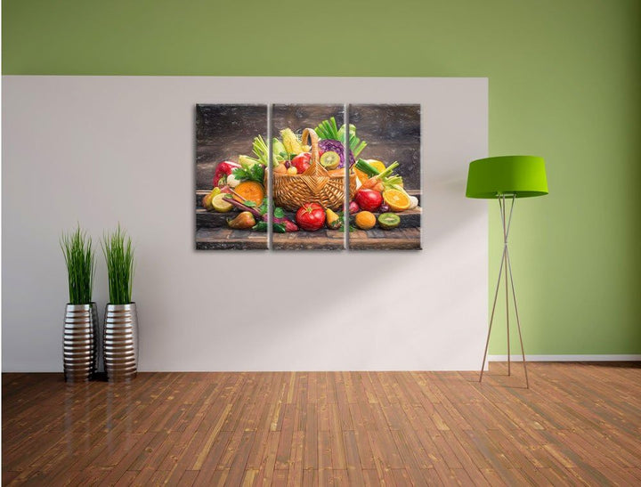 Pixxprint Frisches Obst und Gemüse im Korb als Leinwandbild/Grösse: 3 Teilig (120x80 cm) cm/Wandbild