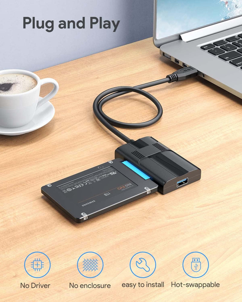 ABLEWE SATA auf USB 3.0 Adapter, 2,5 Zoll / 3,5 Zoll Festplattenadapter mit 3 USB 3.0 Ports für Univ