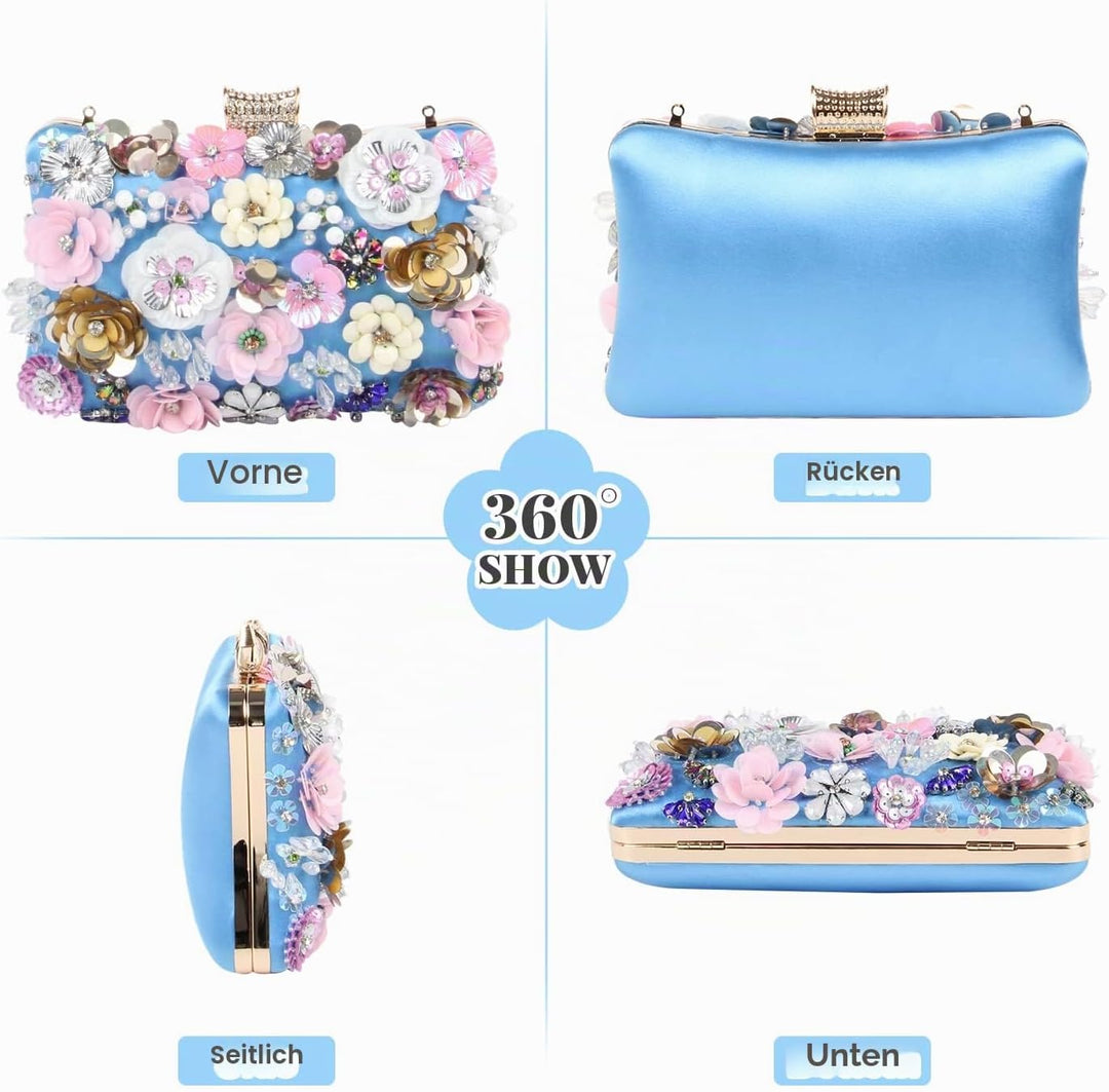 Fecialy Blumen-Clutch-Abendtaschen für Damen mit bunten Blumen-Metall-Strasssteinen Abend-Clutch-Gel