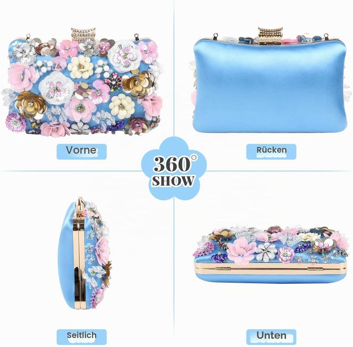 Fecialy Blumen-Clutch-Abendtaschen für Damen mit bunten Blumen-Metall-Strasssteinen Abend-Clutch-Gel
