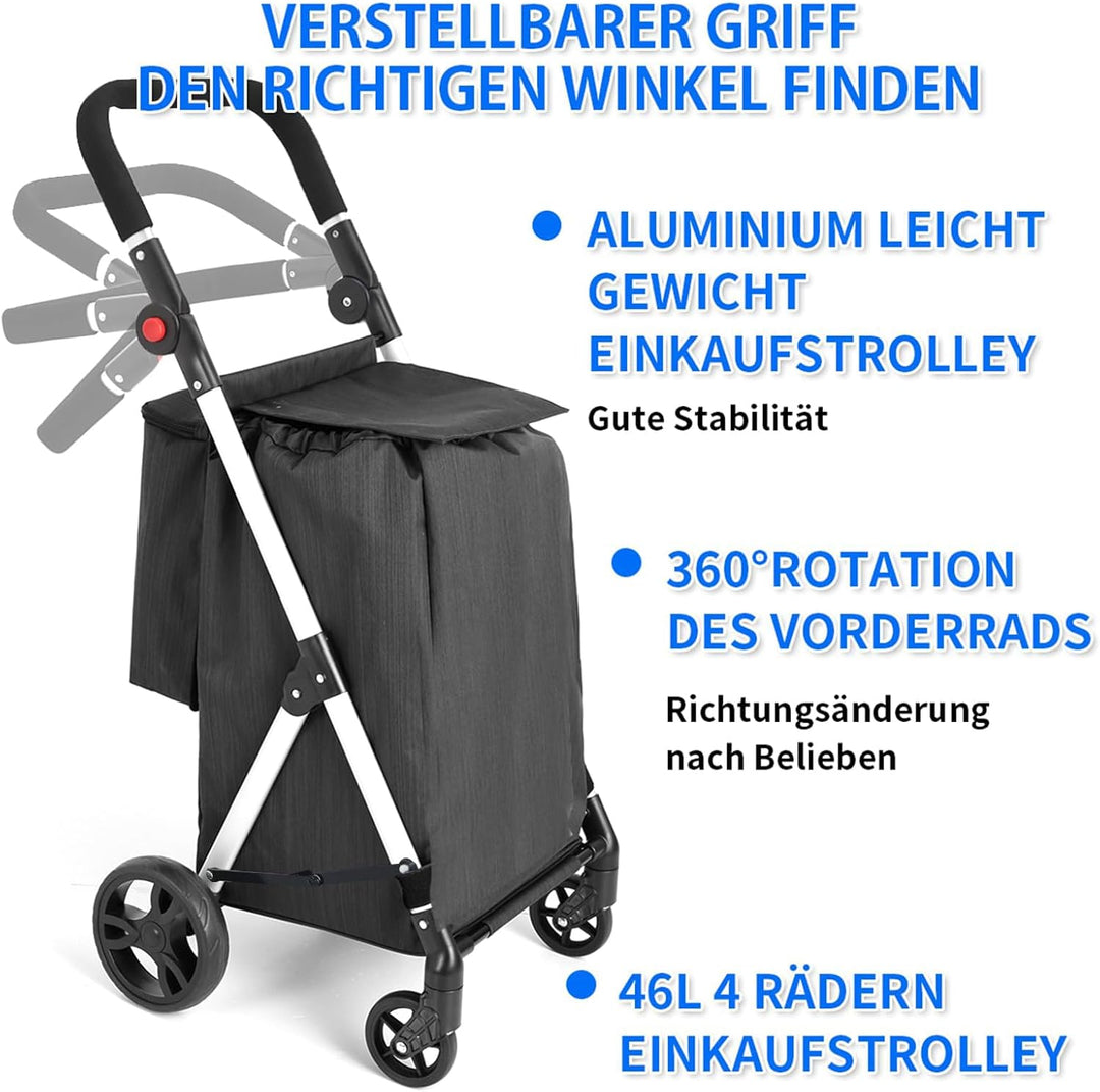 Einkaufstrolley, 46L Trolly Einkaufswagen Klappbar, 4 Rädern Aluminium Leichtgewicht Einkaufstrolley