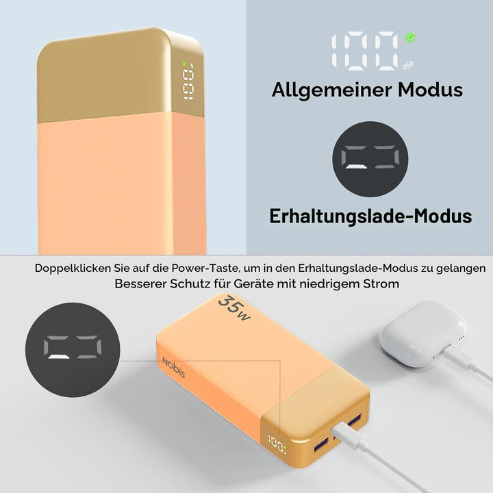 NOBIS Power Bank, Powerbank 20000mAh, 35W Externe Handyakkus Fast Charging, Externer Akku with C to