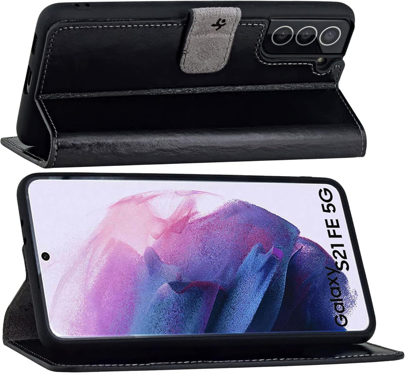 Suncase Book-Style Hülle kompatibel mit Samsung Galaxy S21 FE 5G Leder Tasche (Slim-Fit) Lederhülle