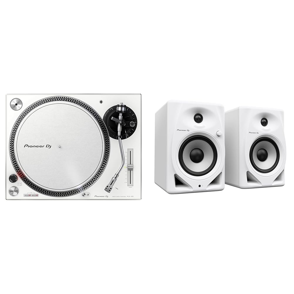 Pioneer DJ PLX-500-W DJ-Plattenspieler mit Direktantrieb, Weiss & DM-50D 5" Desktopmonitorsystem (we