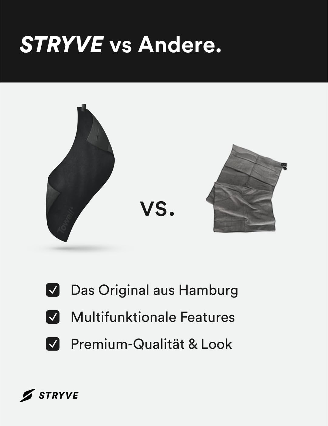 STRYVE Sporthandtuch – Das Original aus DHDL – Towell+ – Graphite Black – 90 x 40 cm – Magnetclip &