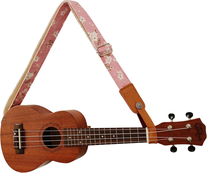 MUSIC FIRST Ukulelengurt, Vintage-Stil, "Pink Sakura", weiches Musselin und echtes Leder, Ukulelengu