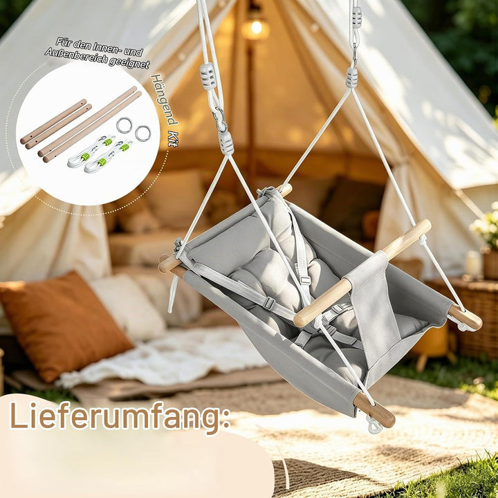 Babyschaukel 3 in 1, Holz-Hängeschaukelsitz mit Sicherheitsgurt und Baumwollkissen, Einstellbar Baby