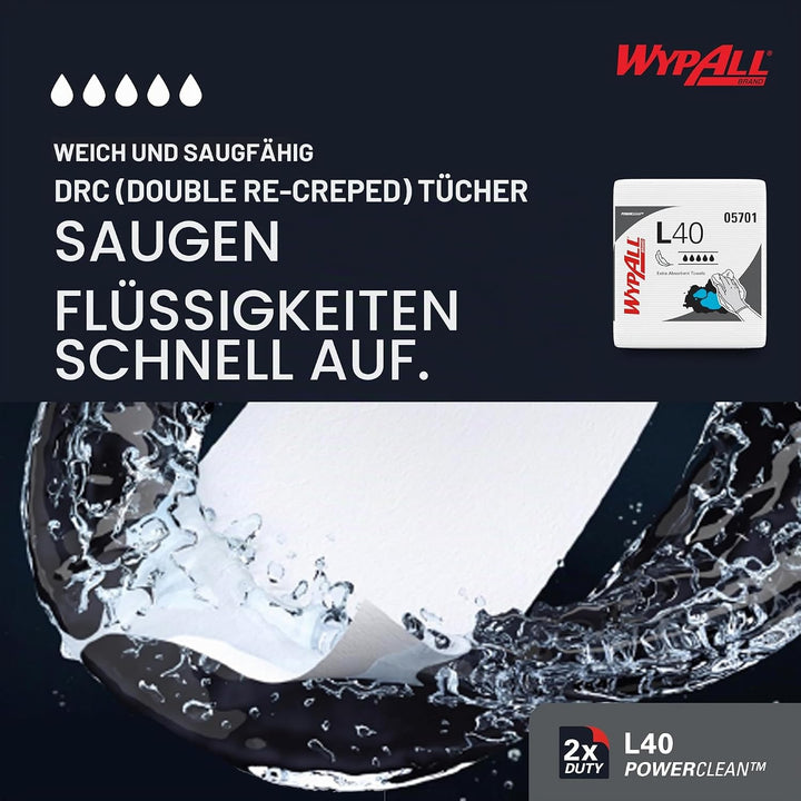 WypAll L40 Extrasaugfähige Tücher 7471 – Einmaltücher – 18 Packungen mit je 56 viertelgefalteten wei