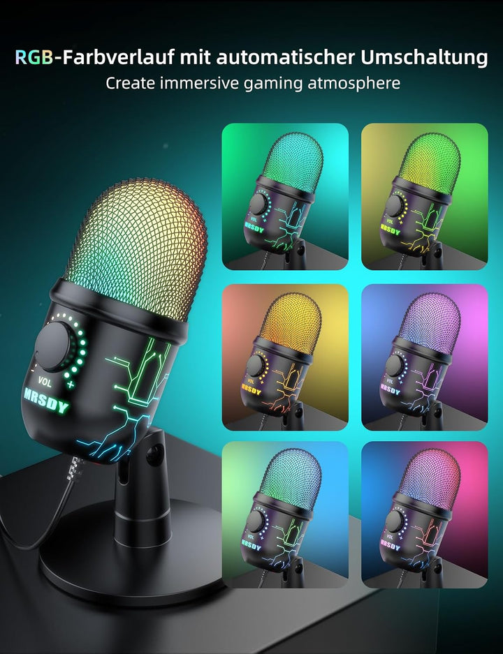 MRSDY USB-Gaming-Mikrofon für PC mit Rauschunterdrückung | Stummschalten, Verstärkung, RGB, Kondensa