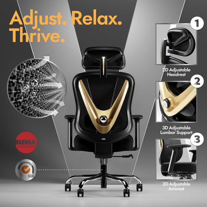 Ergonomischer Bürostuhl mit 3D Lendenstütze & 3D verstellbaren Armlehnen, V-Rücken-Design, Bequemer