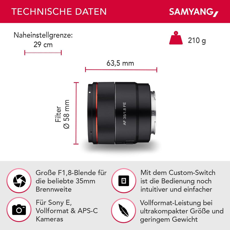 Samyang AF 35mm F1,8 FE + Lens-Station für Sony E-Mount Vollformat & APS-C I ultra leichtes Weitwink