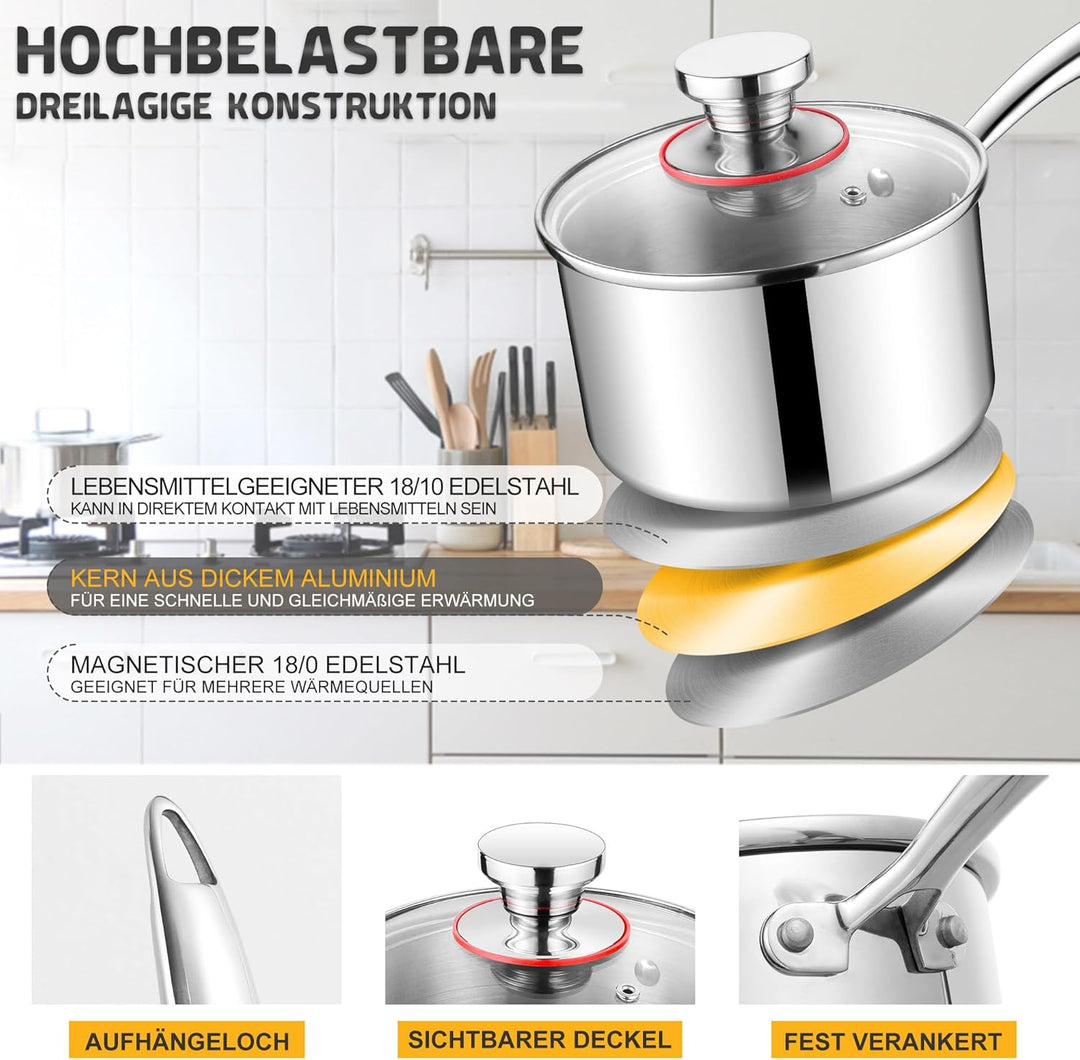 Joyfair Stielkasserolle, 14cm Premium 3-Lagiger Edelstahl Milchtopf Induktion mit Deckel, 1,2 Liter